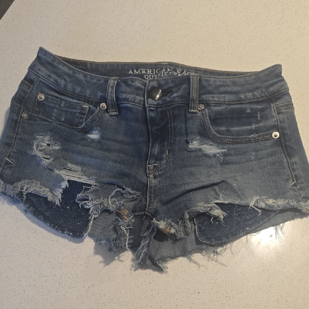 American Eagle Outfitters Women's Frayed Jean Shorts - Dark Blue